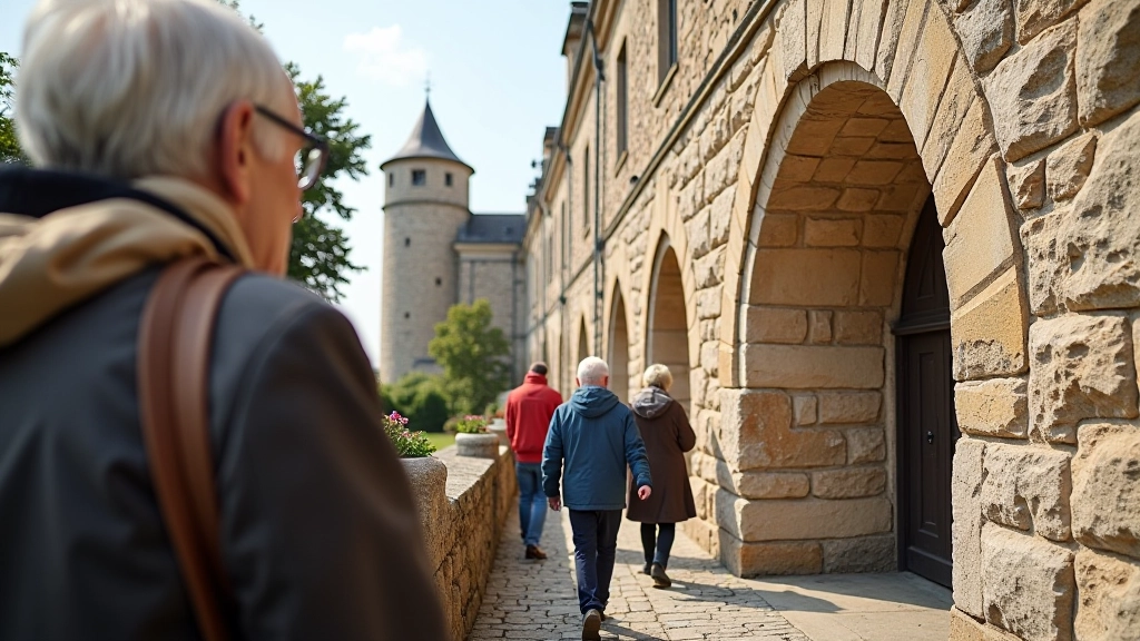 Kelionės žmonės apžiūrinėja senovės pilies fragmentus