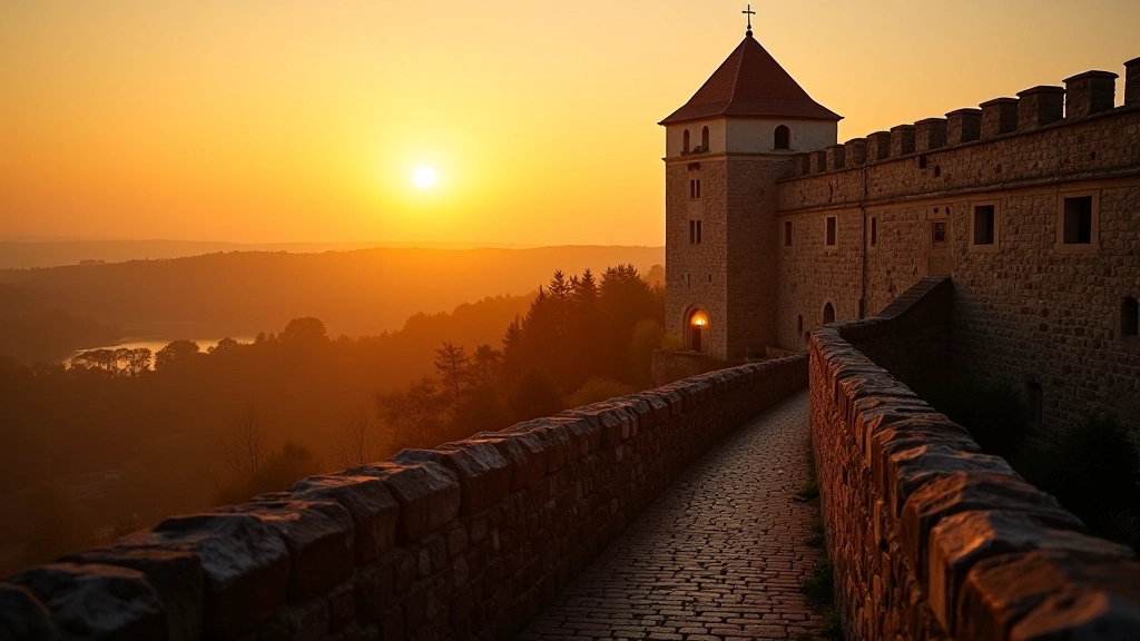 Pilies šlaitai saulėlydžio metu