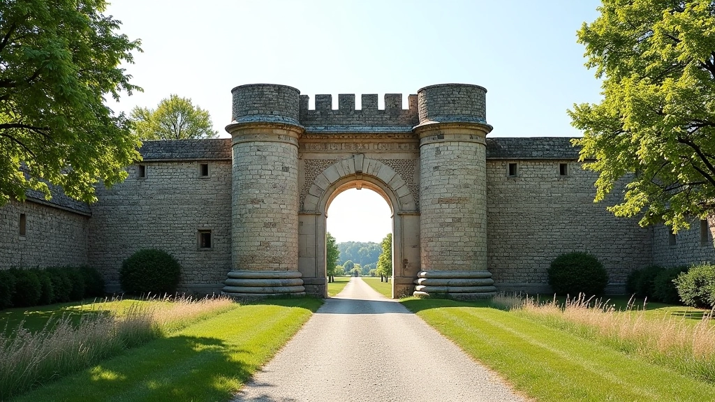 Ašmenos vartai iš šalies, rodančios pilnos architekturines linijas ir aplinkines medžio zonas