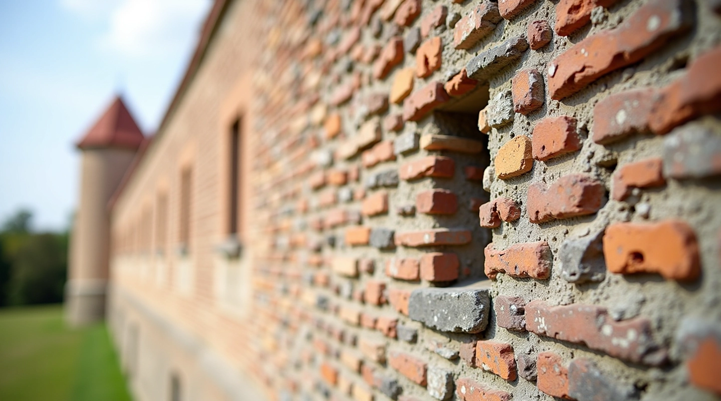 Senos pilies sienų detalės su plytu tekstūra ir mažomis angomis