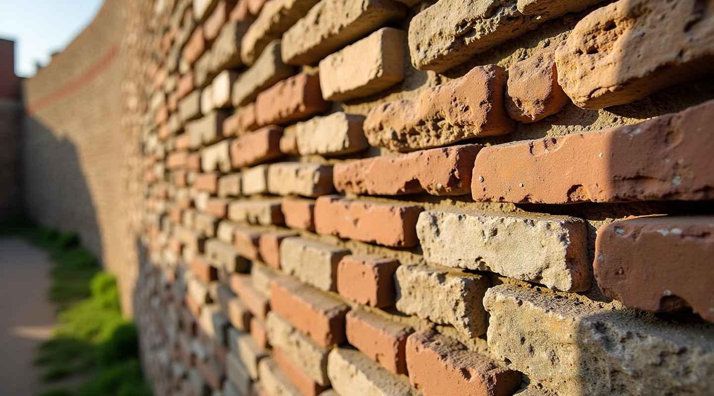 Senos pilies sienų detalės su plytu tekstūra ir mažomis angomis